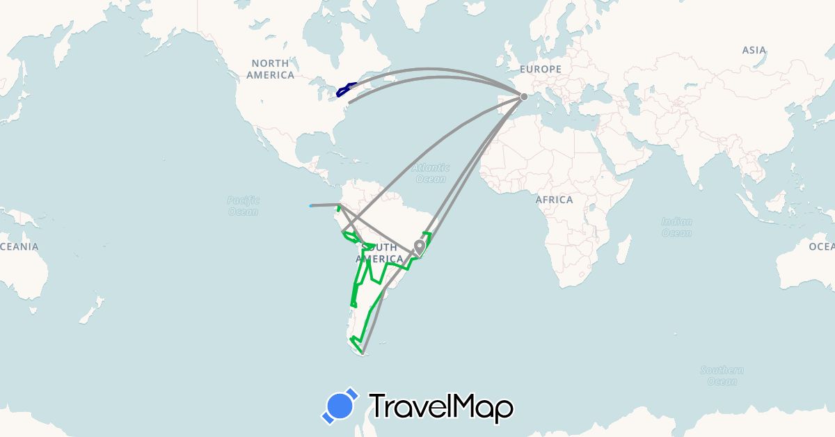 TravelMap itinerary: driving, bus, plane, boat in Argentina, Bolivia, Brazil, Canada, Chile, Ecuador, France, Peru, Paraguay, United States (Europe, North America, South America)